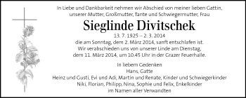 Traueranzeige von Sieglinde Divitschek von Kleine Zeitung