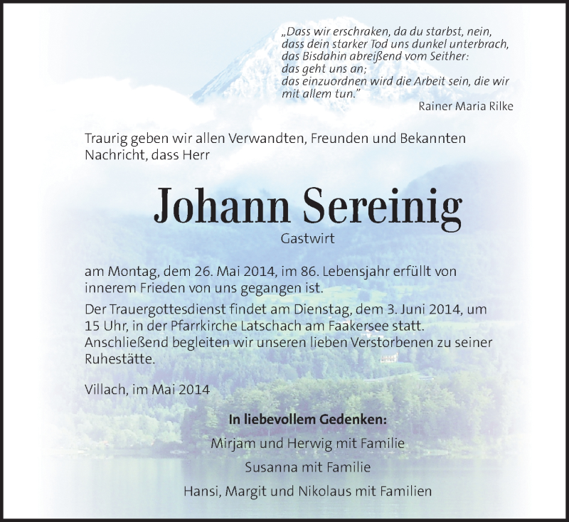  Traueranzeige für Johann Sereinig vom 29.05.2014 aus Kleine Zeitung