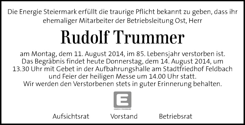  Traueranzeige für Rudolf Trummer vom 14.08.2014 aus Kleine Zeitung