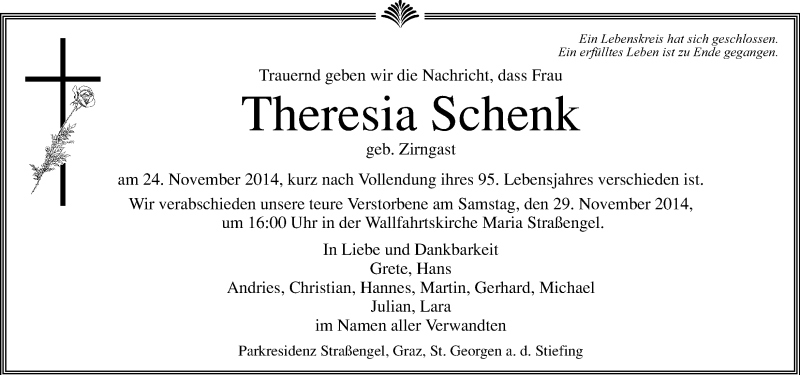  Traueranzeige für Theresia Schenk vom 27.11.2014 aus Kleine Zeitung