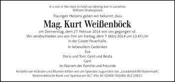 Traueranzeige von Kurt Weißenböck von Kleine Zeitung