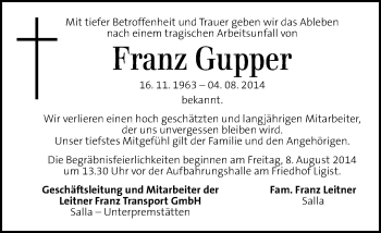 Traueranzeige von Franz Gupper von Kleine Zeitung