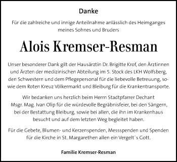 Traueranzeige von Alois Kremser-Resman von Kleine Zeitung
