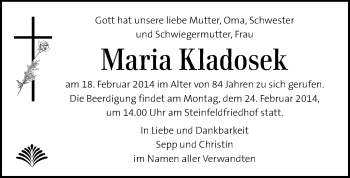 Traueranzeige von Maria Kladosek von Kleine Zeitung