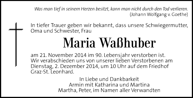  Traueranzeige für Maria Waßhuber vom 28.11.2014 aus Kleine Zeitung