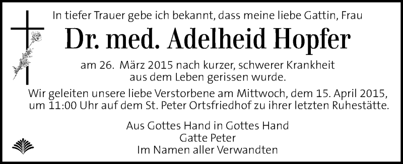  Traueranzeige für Adelheid Hopfer vom 11.04.2015 aus Kleine Zeitung