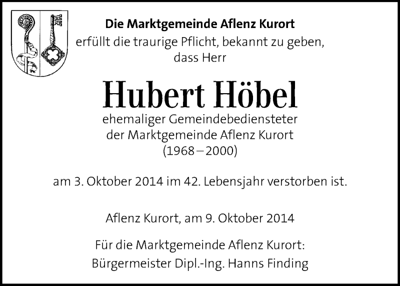 Traueranzeige für Hubert Höbel vom 11.10.2014 aus Kleine Zeitung