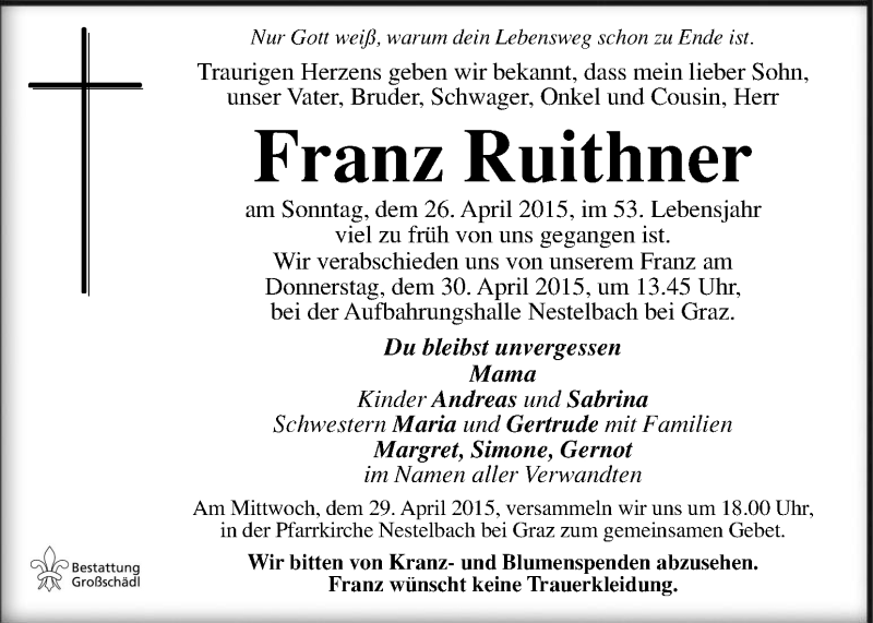  Traueranzeige für Franz Ruithner vom 28.04.2015 aus Kleine Zeitung