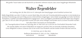 Traueranzeige von Walter Regenfelder von Kleine Zeitung