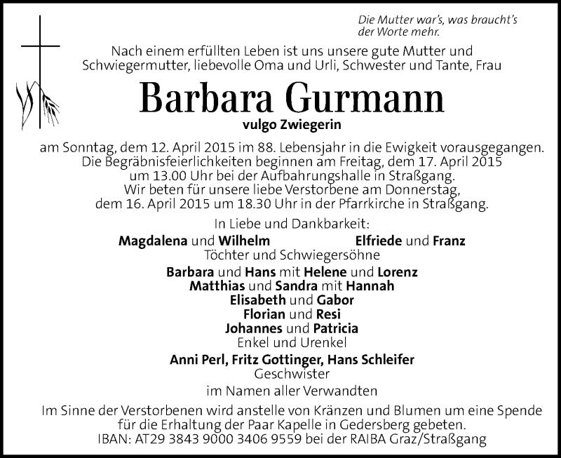  Traueranzeige für Barbara Gurmann  vom 15.04.2015 aus Kleine Zeitung