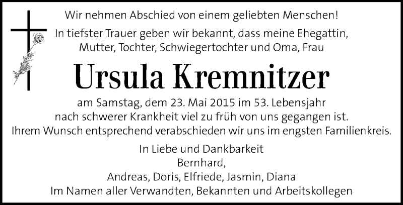  Traueranzeige für Ursula Kremnitzer vom 28.05.2015 aus Kleine Zeitung