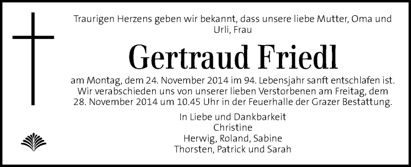  Traueranzeige für Gertraud Friedl  vom 26.11.2014 aus Kleine Zeitung