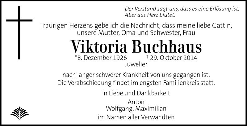  Traueranzeige für Viktoria Buchhaus vom 05.11.2014 aus Kleine Zeitung