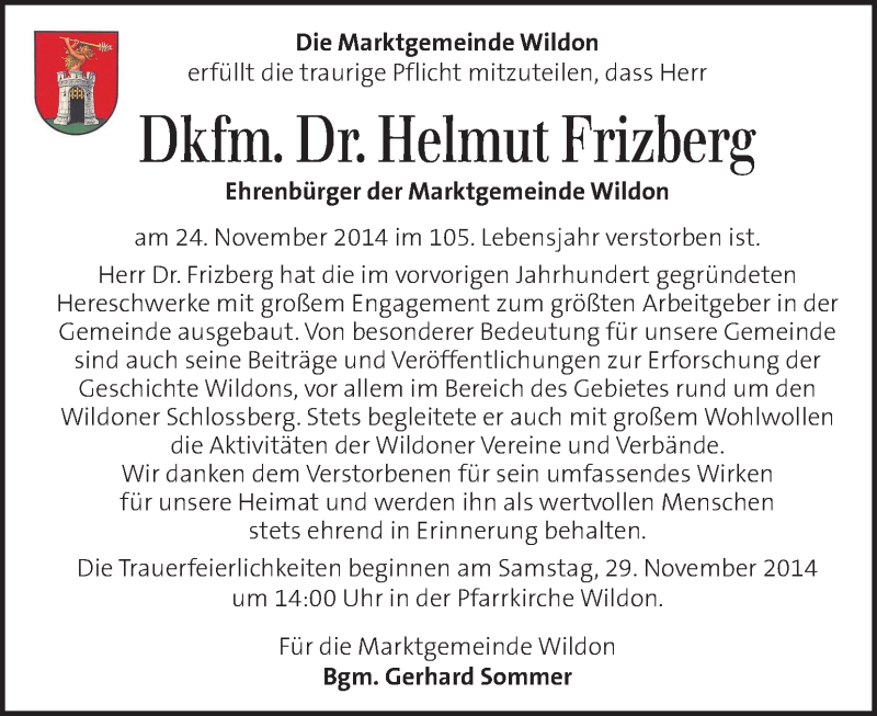  Traueranzeige für Helmut Frizberg vom 27.11.2014 aus Kleine Zeitung