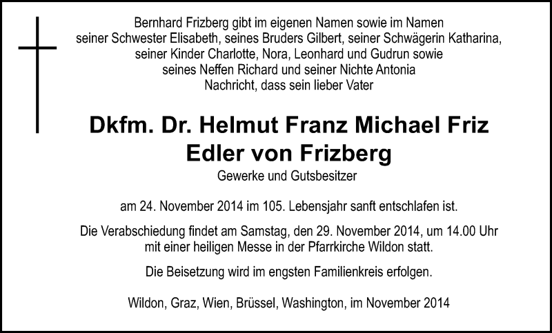  Traueranzeige für Helmut Franz Michael Friz Edler von Frizberg vom 25.11.2014 aus Kleine Zeitung