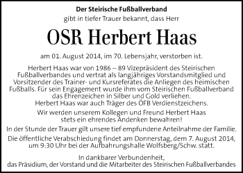 Traueranzeige von Herbert Haas von Kleine Zeitung