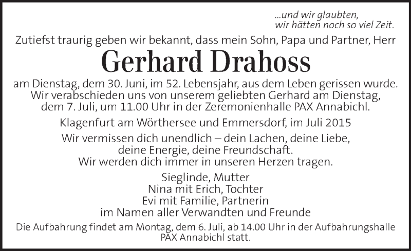  Traueranzeige für Gerhard Drahoss vom 05.07.2015 aus Kleine Zeitung