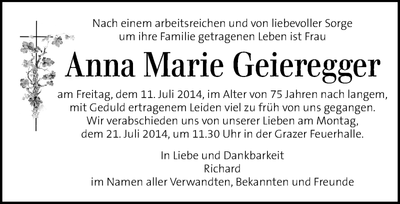  Traueranzeige für Anna Marie Geieregger vom 16.07.2014 aus Kleine Zeitung