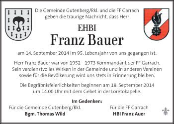 Traueranzeige von Franz Bauer von Kleine Zeitung