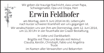 Traueranzeige von Erwin Feldhofer von Kleine Zeitung