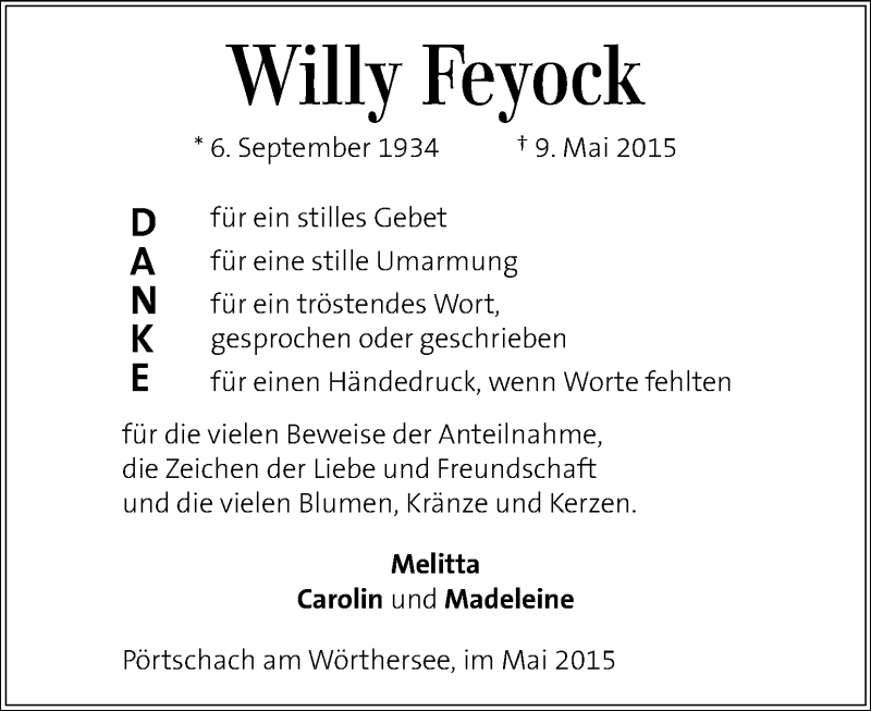  Traueranzeige für Willy Feyock vom 22.05.2015 aus Kleine Zeitung
