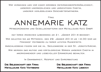 Traueranzeige von Annemarie Katz von Kleine Zeitung
