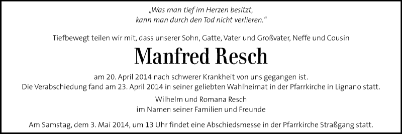  Traueranzeige für Manfred Resch vom 01.05.2014 aus Kleine Zeitung