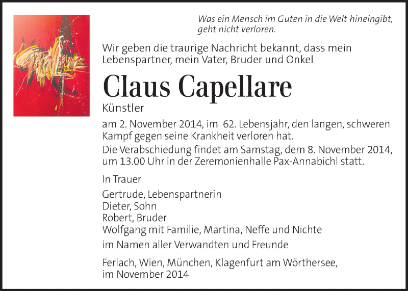  Traueranzeige für Claus Capellare vom 05.11.2014 aus Kleine Zeitung
