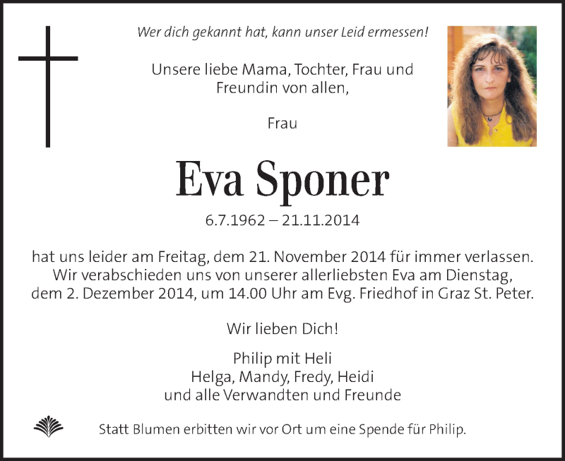  Traueranzeige für Eva Sponer vom 28.11.2014 aus Kleine Zeitung