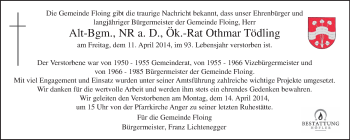 Traueranzeige von Othmar Tödling von Kleine Zeitung
