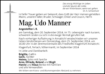 Traueranzeige von Udo Manner von Kleine Zeitung