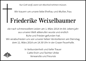 Traueranzeige von Friederike Weixelbaumer von Kleine Zeitung