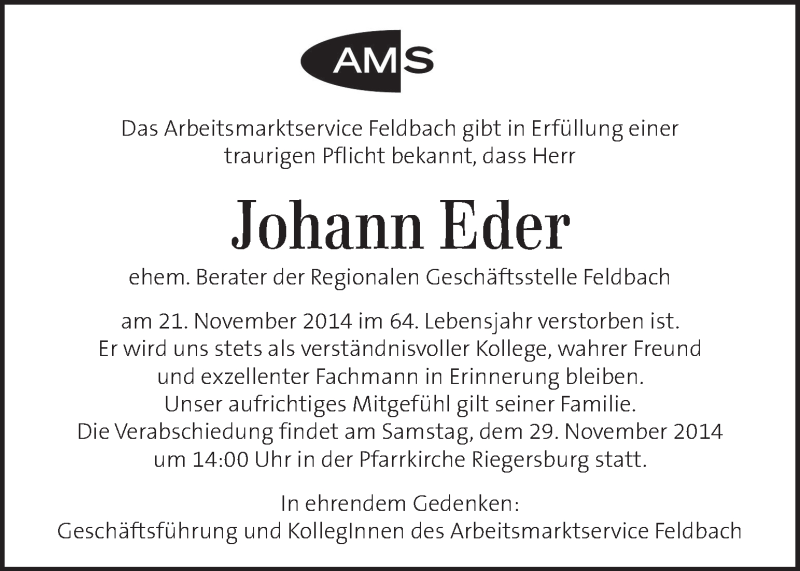  Traueranzeige für Johann Eder vom 27.11.2014 aus Kleine Zeitung