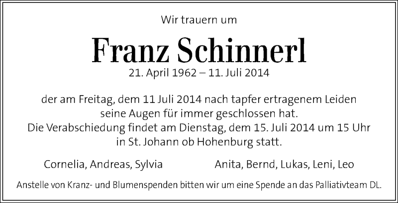  Traueranzeige für Franz Schinnerl vom 13.07.2014 aus Kleine Zeitung