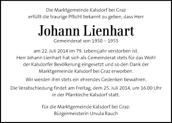Traueranzeige von Johann Lienhart von Kleine Zeitung