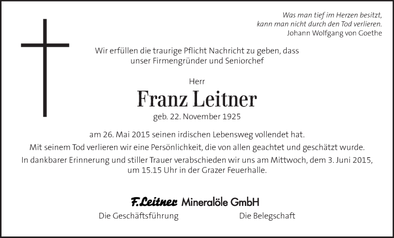  Traueranzeige für Franz Leitner vom 02.06.2015 aus Kleine Zeitung