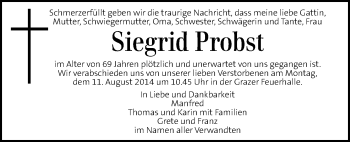 Traueranzeige von Siegrid Probst von Kleine Zeitung