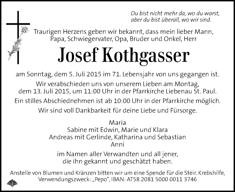  Traueranzeige für Josef Kothgasser vom 09.07.2015 aus Kleine Zeitung