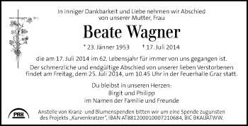 Traueranzeige von Beate Wagner von Kleine Zeitung