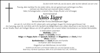 Traueranzeige von Alois Jäger von Kleine Zeitung