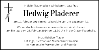 Traueranzeige von Hedwig Pladerer von Kleine Zeitung
