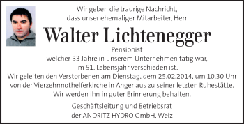 Traueranzeige von Walter Lichtenegger von Kleine Zeitung