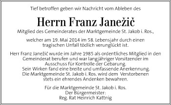 Traueranzeige von Franz Janežic von Kleine Zeitung