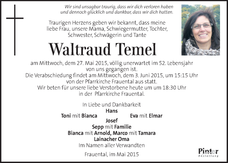 Traueranzeige für Waltraud Temel vom 02.06.2015 aus Kleine Zeitung