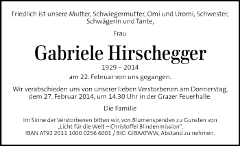 Traueranzeige von Gabriele Hirschegger von Kleine Zeitung