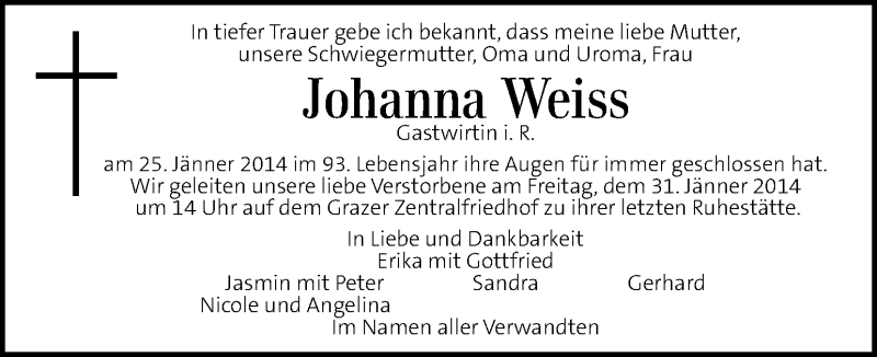 Traueranzeige für Johanna Weiss vom 29.01.2014 aus Kleine Zeitung
