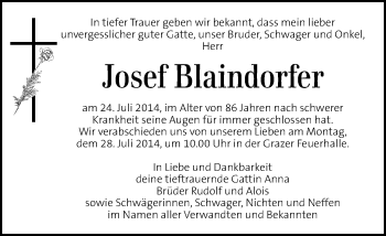Traueranzeige von Josef Blaindorfer von Kleine Zeitung