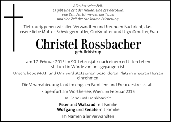 Traueranzeige von Christel Rossbacher von Kleine Zeitung