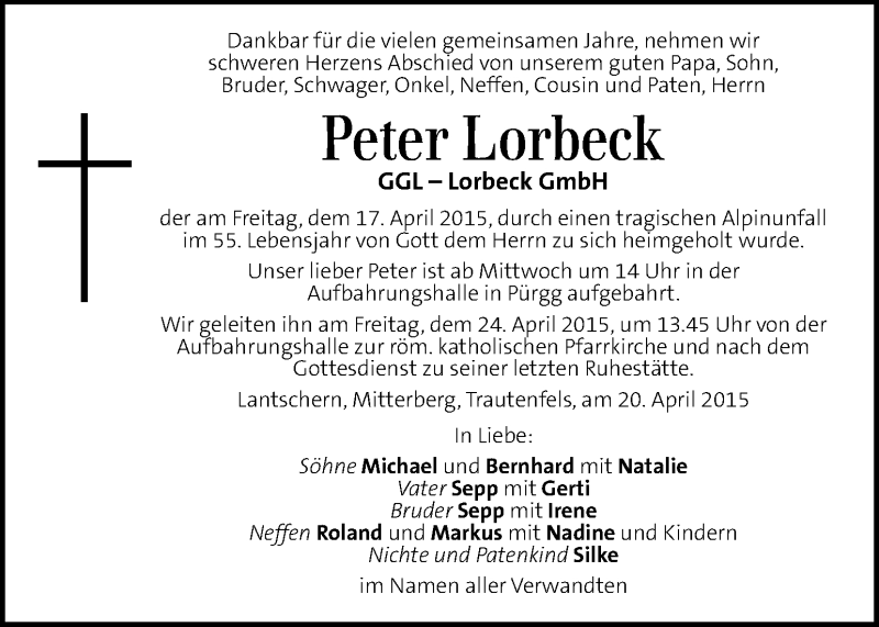  Traueranzeige für Peter Lorbeck vom 22.04.2015 aus Kleine Zeitung