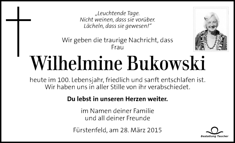  Traueranzeige für Wilhelmine Bukowski vom 03.04.2015 aus Kleine Zeitung